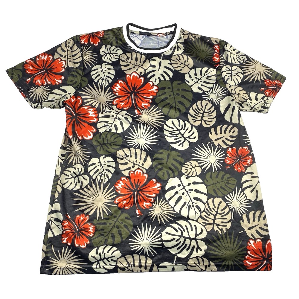 Southpole‎ 1991 Shirt Mens Size Large Red Green Gray Monstera Leaf Jungle Floral